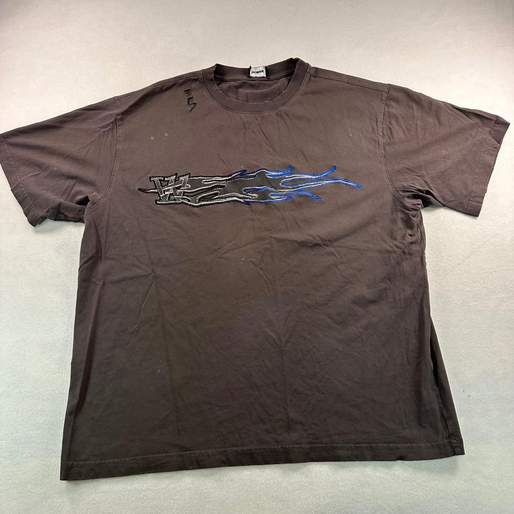 We11done Embroidered Flame Graphic Distressed T-Shirt Faded Black Mens Large